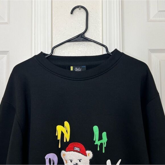 BLEEKER & MERCER ONLY CASH BEAR BLACK PATCHED CREWNECK FLEECE SWEATSHIRT XXL - Picture 8 of 11